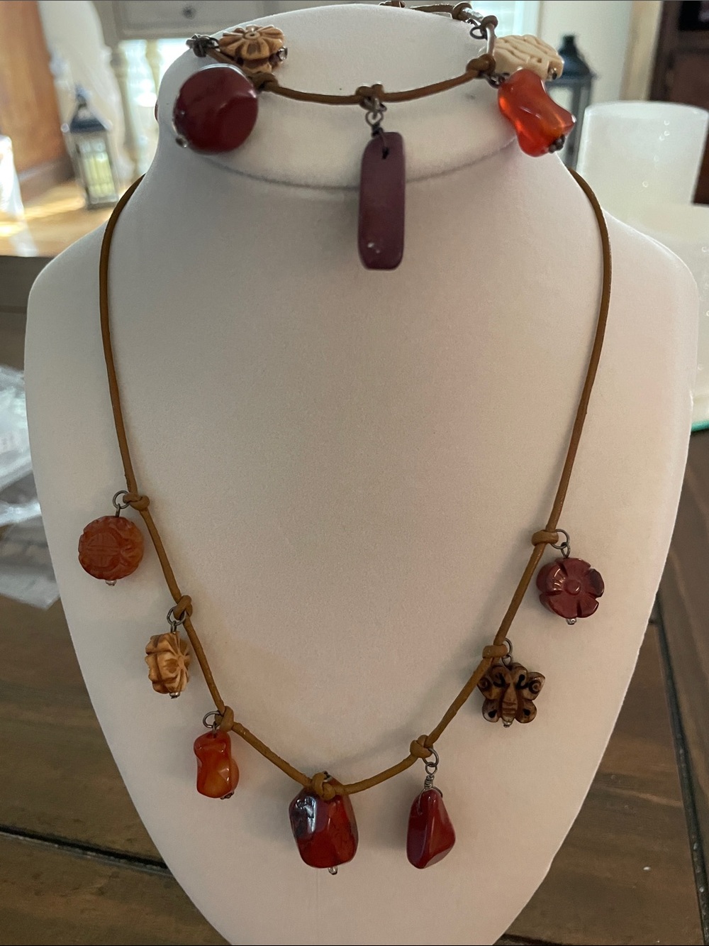 Vintage Boho Leather Cord Multi-Charm Statement Necklace & Bracelet Set